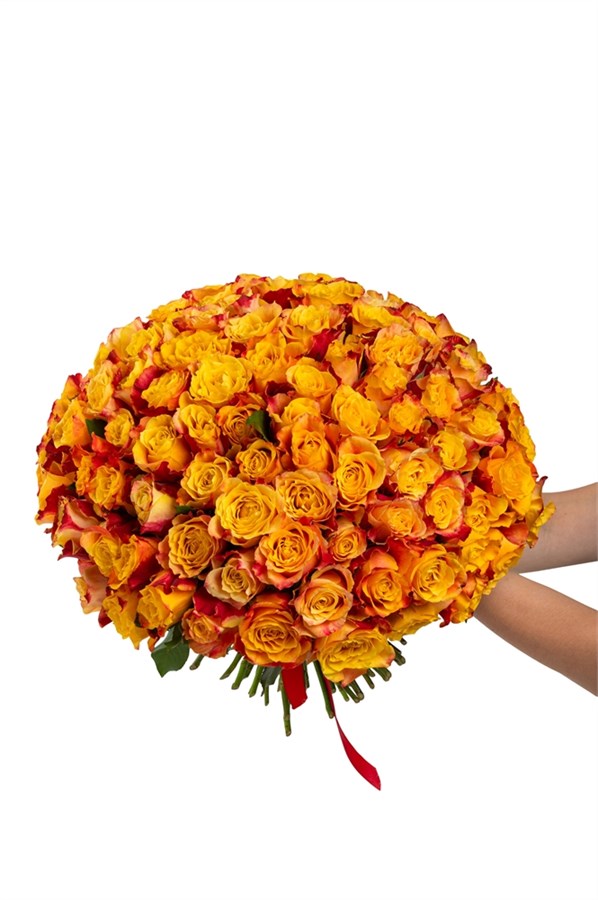 Букет из 101 красно-желтой розы (Кения) 40см с лентой 2468