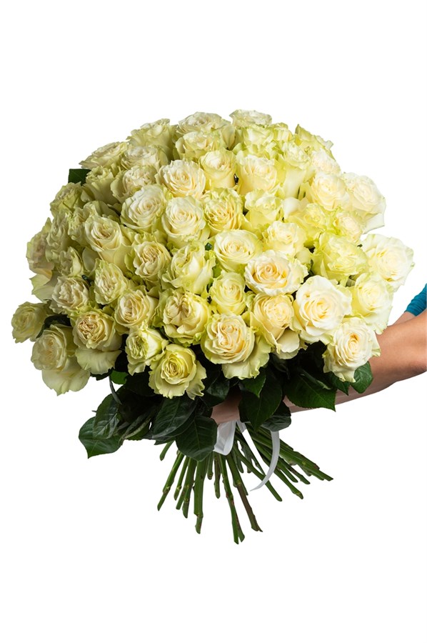 Букет из 51 белой розы (Эквадор) 50 см "Мондиаль" с лентой 2479_1407B