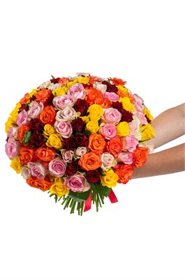 Букет микс из 101 розы (Кения) 40см с лентой 2458